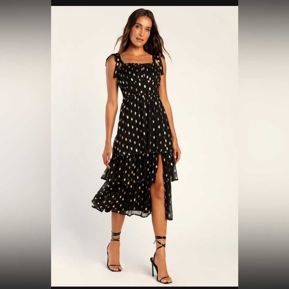 NWT - Lulu’s Celebration Chic Black & Gold Polka Dot Tie Dress size XL